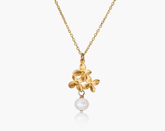 Zierlicher Schmuck, Perlen-Kette gold/silber mit Blüten-Anhänger, Süßwasser-Perle, Kette 925-Sterlingsilber, Hochzeit, Brautschmuck