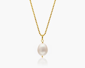 Tamii - Perlenkette gold oder silber mit weißer Süßwasser-Perle, 925 Sterlingsilber, Handmade, 50 cm Kugelkette, Brautschmuck, Hochzeit