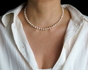 Perlenkette gold, handmade für Mann und Frau, Choker, weiße Süßwasserperlen AA+, Edelstahlverschluss, Perlenschmuck, Geschenk