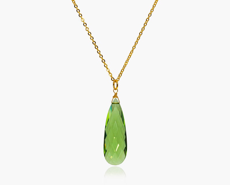 Edelstein-Halskette grün-gold mit Amethyst-Tropfen hell-grün, oder Rauchquarz braun, schlichte Gold Filled-Kette, facettierte Birnenform Bild 2