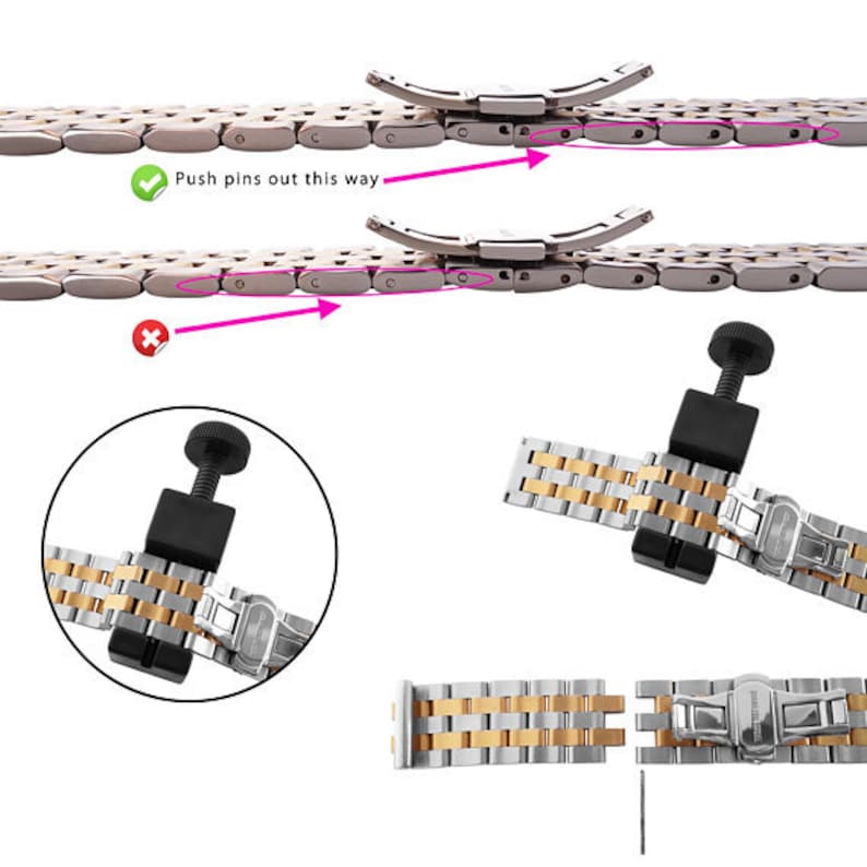 May include: A tool for removing watch band pins. The tool is black with a silver screw. The tool is shown next to a silver and gold watch band. The watch band is shown in two pieces, with the pins removed. The image includes the text "Push pins out this way" with a green checkmark and a red X.