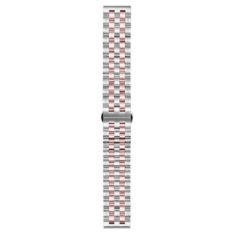 May include: A silver and rose gold metal watch band with a polished finish.