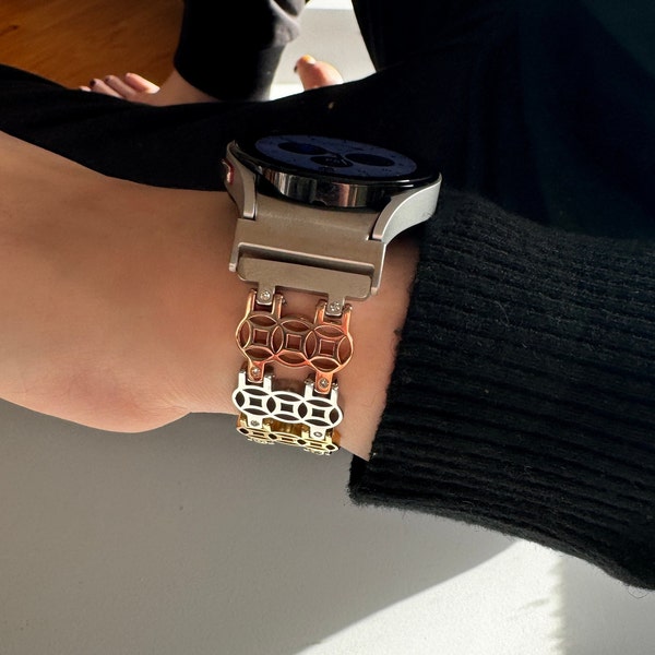 Bracelet montre Samsung Galaxy - Fleur de Vie - finition argent, or ou tricolore - acier inoxydable