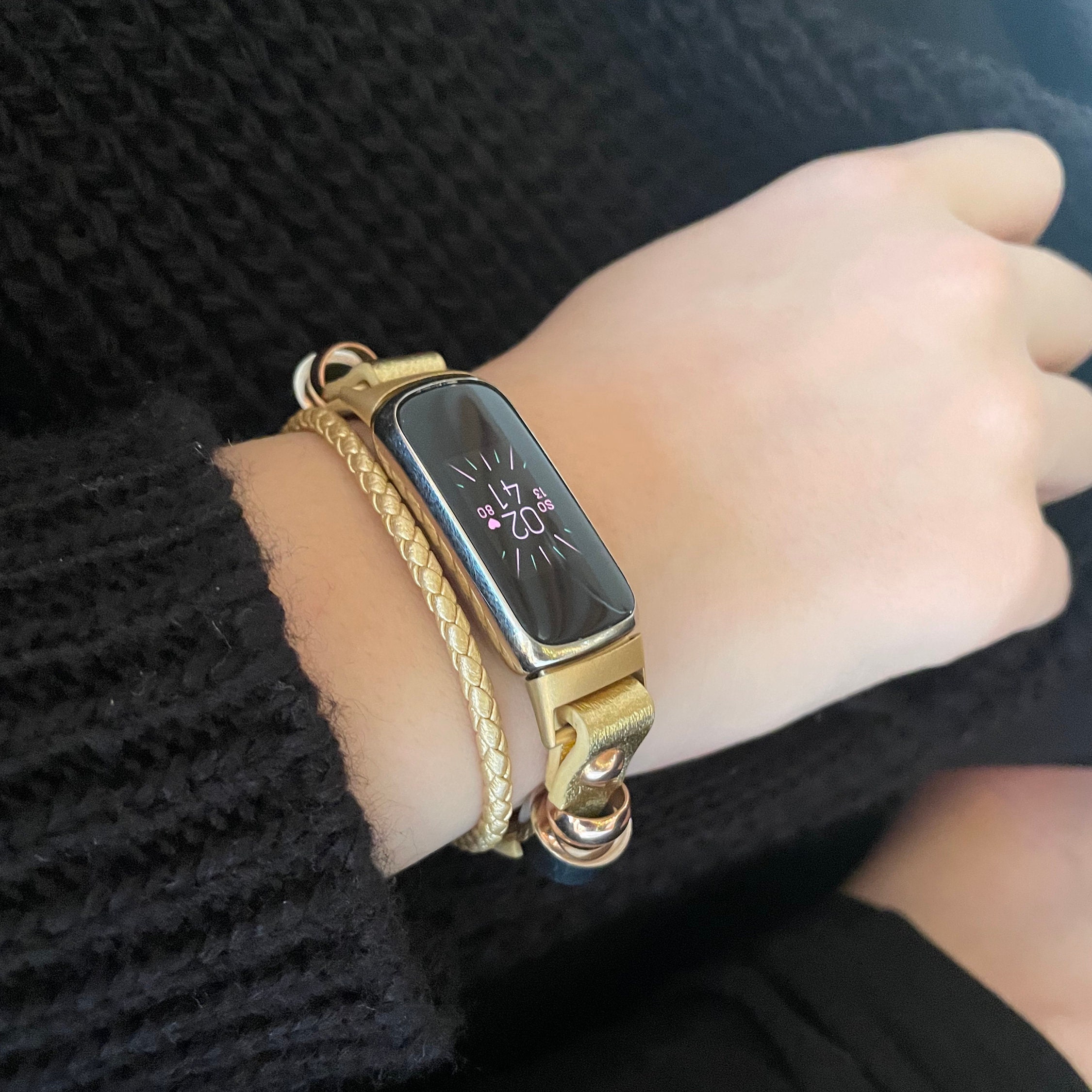 Fitbit Luxe Bracelet Fusion Or, Noir, Argent bracelet de remplacement en  cuir -  France