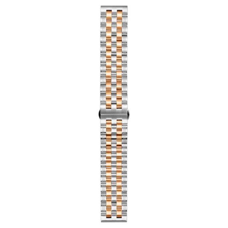 May include: A two-tone silver and rose gold metal watch band with a polished finish.