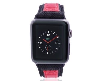 Apple Watch Band - NYLON - Black and Red - stainless steel and leather