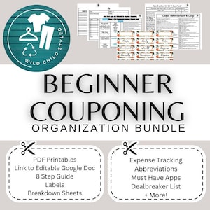 May include: A digital printable bundle for beginner couponing. The bundle includes PDF printables, a link to an editable Google Doc, an 8-step guide, labels, breakdown sheets, expense tracking, abbreviations, must-have apps, a dealbreaker list, and more.