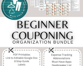 May include: A digital printable bundle for beginner couponing. The bundle includes PDF printables, a link to an editable Google Doc, an 8-step guide, labels, breakdown sheets, expense tracking, abbreviations, must-have apps, a dealbreaker list, and more.
