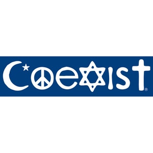 May include: White text on a blue background reads "Coexist" with a crescent moon, a peace sign, a Star of David, and a cross.