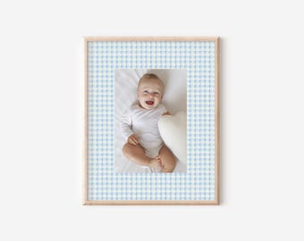 Blue Green Gingham Photo Keepsake Mat, Photo Mat, Wall Decor for Boys Nursery at Home Cottagecore Decor Cute Decor Gingham Decor