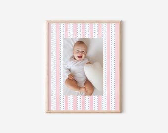Blue Dotted Pink Stripe Keepsake Photo Mat, Boy Nursery Decor Blue Bedroom Wall Decor for Baby Girl Nursery Decor Pink Newborn Photo Framing