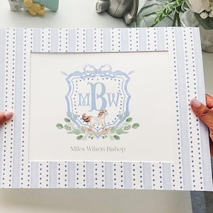 Personalized Baby Gift Keepsake Art for Nursery Decor New Mom Gift for Newborn  | Blue Rocking Horse Monogram Crest with matching Photo Mat