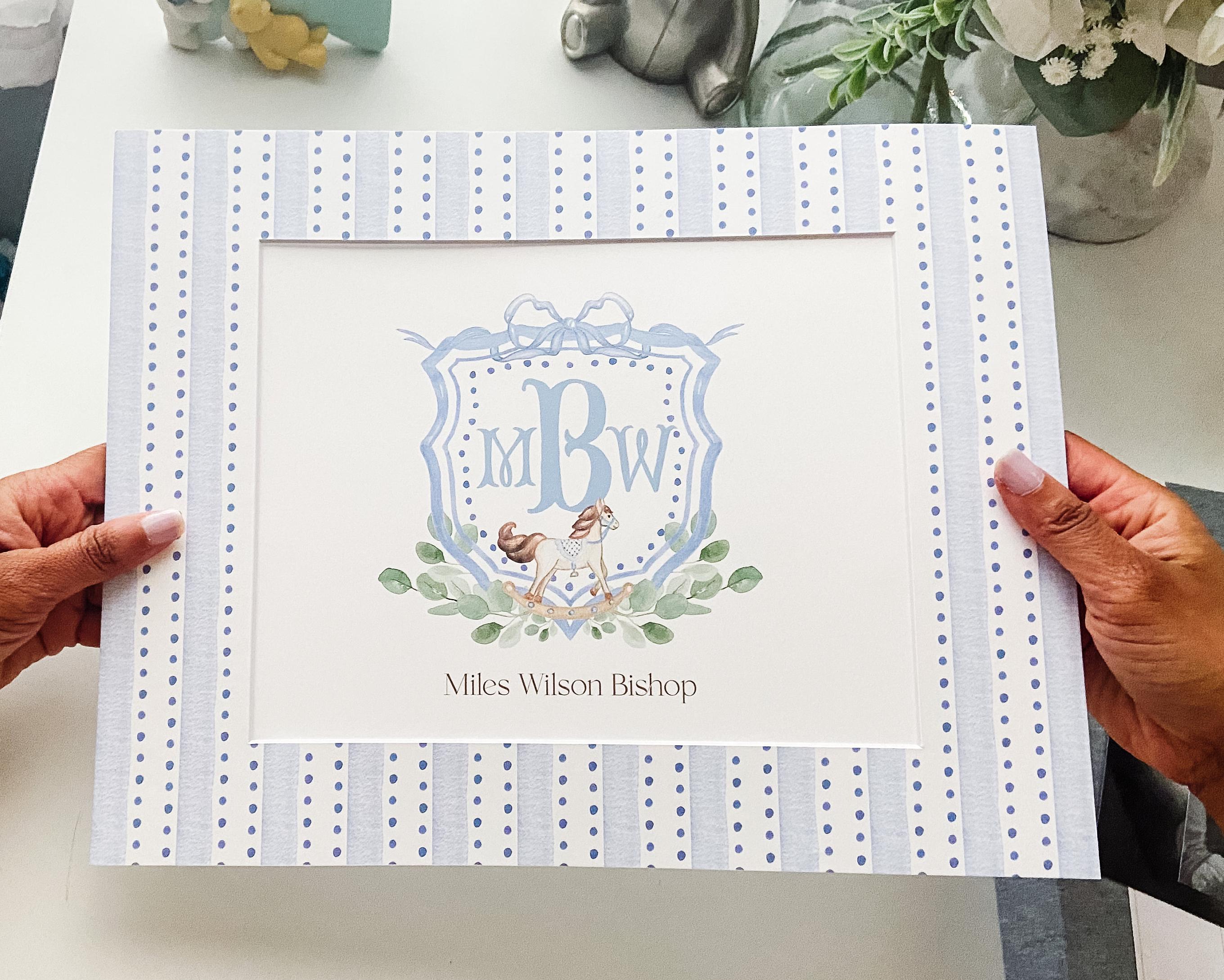 Personalized Baby Gift Keepsake Art for Nursery Decor New Mom Gift for Newborn  | Blue Rocking Horse Monogram Crest with matching Photo Mat