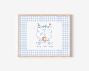 Personalized Baby Gift Keepsake Art for Nursery Decor New Mom Gift for Newborn  Blue Baseball Monogram Crest with matching Photo Mat