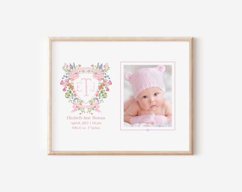 Pink Crest Floral Monogram, Watercolor, Personalized Keepsake Photo Mat, Girl Nursery Decor