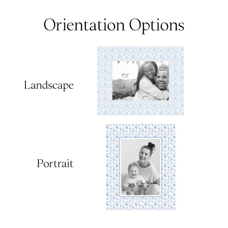 May include: Two different photo frame orientation options are shown. The first option shows a landscape orientation with a black and white photo of a couple. The second option shows a portrait orientation with a black and white photo of a family of three.