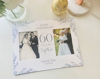 Personalized Anniversary Gift for Couple Gift for Husband Gift for Wife | Personalized Milestone Anniversary Keepsake Photo Mat, Blue Floral