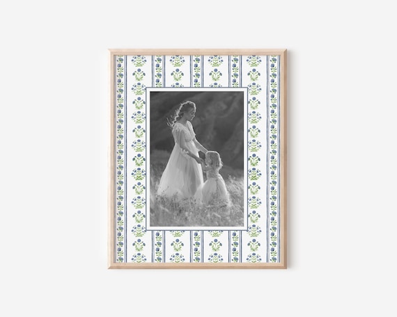 Feminine Watercolor Blue/Green Floral Decor, Grandmillenial Decor | Photo Keepsake Mat, Photo Mat, Grandmillenial Wall Art Decor