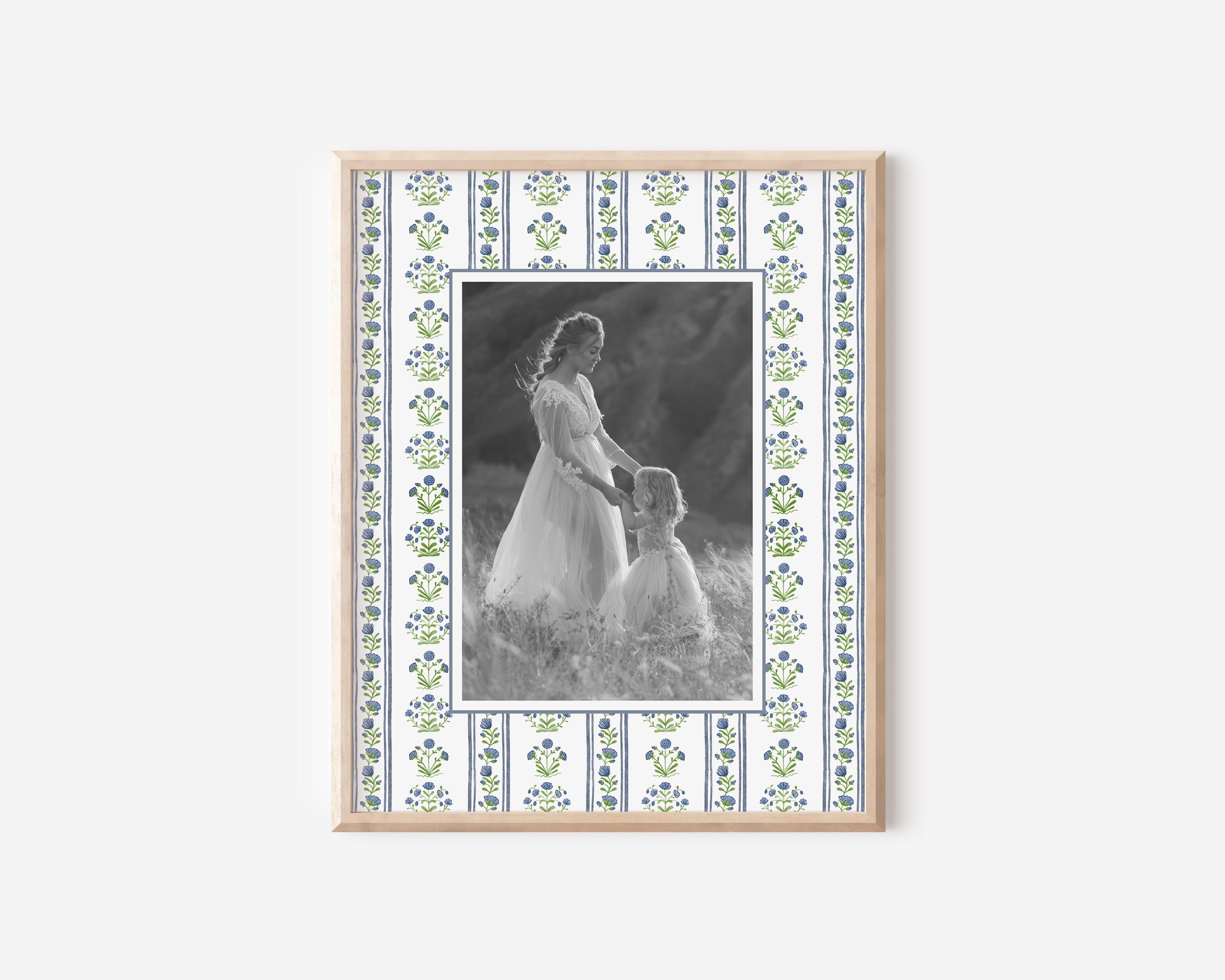 Feminine Watercolor Blue/Green Floral Decor, Grandmillenial Decor | Photo Keepsake Mat, Photo Mat, Grandmillenial Wall Art Decor
