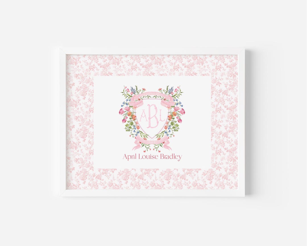 Pink Floral Nursery Crest Personalized for Baby Girl Monogram Gift ...