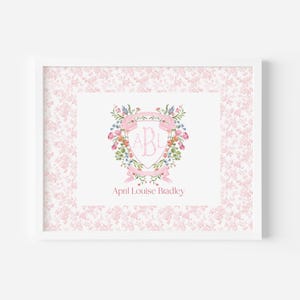 May include: A pink and white floral monogram print with the initials "A.B.L." and the name "April Louise Bradley" in a white frame.