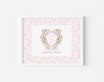 Pink Floral Nursery Crest Personalized for Baby Girl Monogram Gift Keepsake Art for Baby Girl Nursery Decor New Mom Gift for Baby Girl Crest