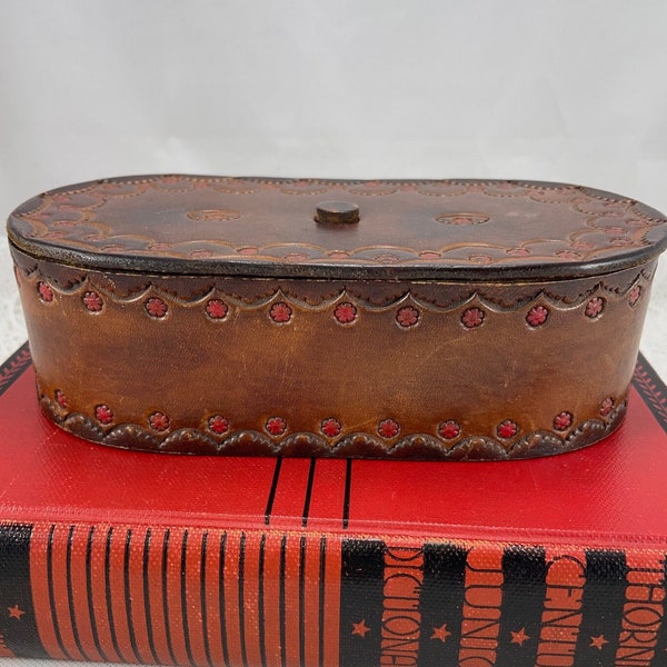 Vintage hand made, tooled and embossed leather divided container with matching lid, brown leather, red flowers, very nice