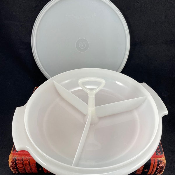 Vintage Tupperware 3 section divided relish tray/server, made in USA, handled serving caddy, lid fits tight, discontinued, very nice