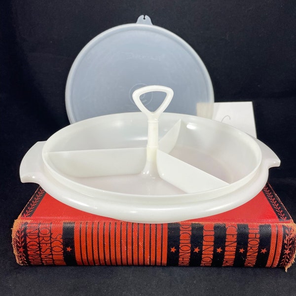 Vintage Tupperware 3 section server/relish tray, handled serving caddy, collectible Tupperware, discontinued, made in USA, Tupper Seal, nice