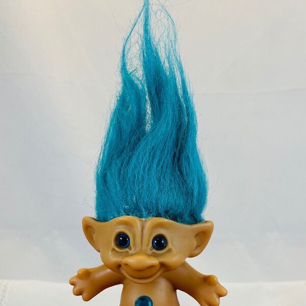 Vintage 3" Treasure Troll doll with turquoise hair, turquoise round jewel in belly, blue eyes, made in China by Ace Novelty Co, Inc., nice