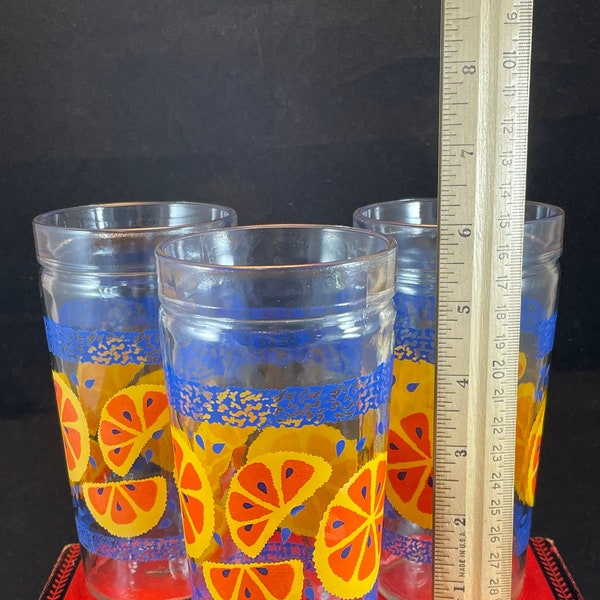 3 vintage Anchor Hocking orange slice tumblers, peanut butter or jelly jar tumblers, blue stripes with orange/yellow fruit slices, retro