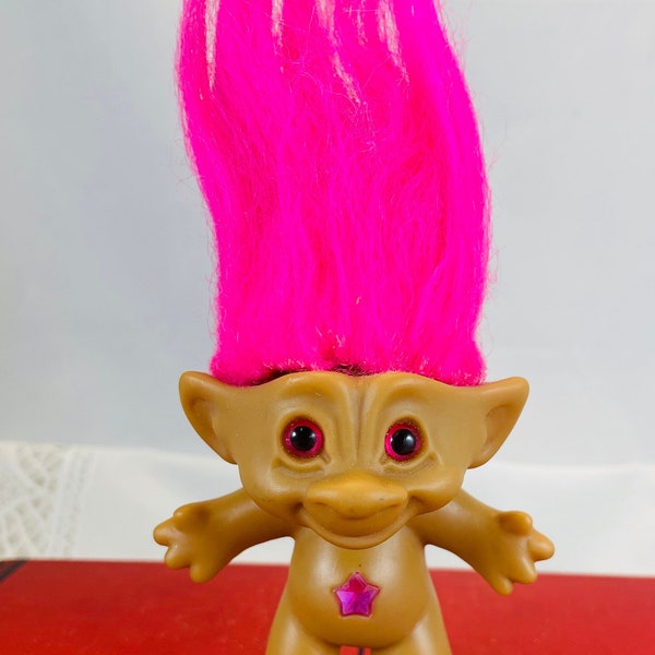 Vintage Ace Novelty Treasure Troll doll, 3 inch troll doll with pink hair, pink eyes, pink star jewel in belly, 1998, made in China, collect