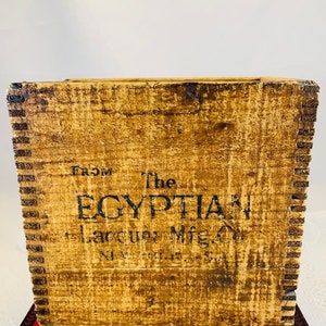 Vintage wood shipping box, The Egyptian Lacquer Mfg Co, partial paper label still on side, collectible advertising memorabilia, very nice