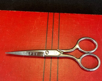 Vintage pointed metal LEFTY child scissors, made in USA by Acme, forged steel, work very smoothly