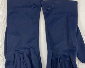 Vintage-Paar Damenhandschuhe, marineblaues Nylon, Handgelenklänge, hergestellt auf den Philippinen, passend für die Größen 8,5 bis 10, s-t-r-e-t-c-h, komplett aus Nylon