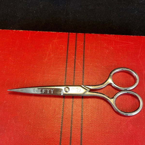 Vintage pointed metal LEFTY child scissors, made in USA by Acme, forged steel, work very smoothly