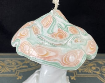 Vintage hand made mushroom candle, white with peach and mint green, collectible candle, wired wick