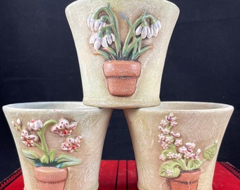 Vintage set of 3 small planters from Party Lite, Terrace Blossom set, feature various flowers McCoy design, 2.5" tall, very nice set