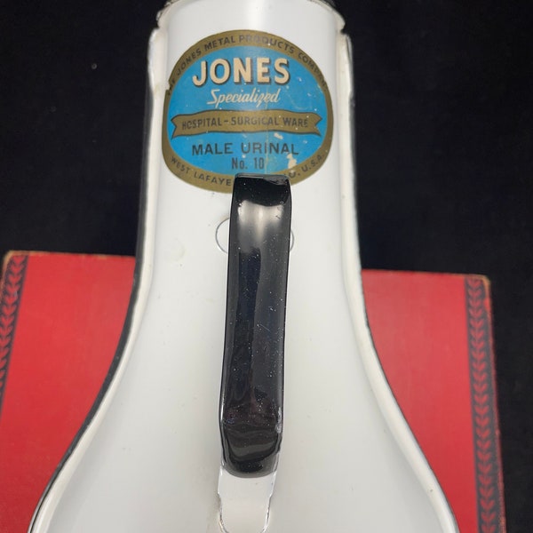 Vintage porcelain male urinal, Jones Specialized Hospital-Surgical Ware, made in USA, white and black, original label, unique planter