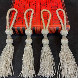 Two pair of vintage curtain tie backs, clear with silver center seed beads and tassels, 1960&#39;s, MCM, tassel style heavy well made tie backs