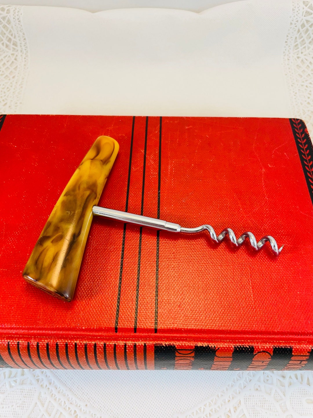 Vintage Corkscrew, Wine Bottle Opener, Butterscotch Marbled Bakelite