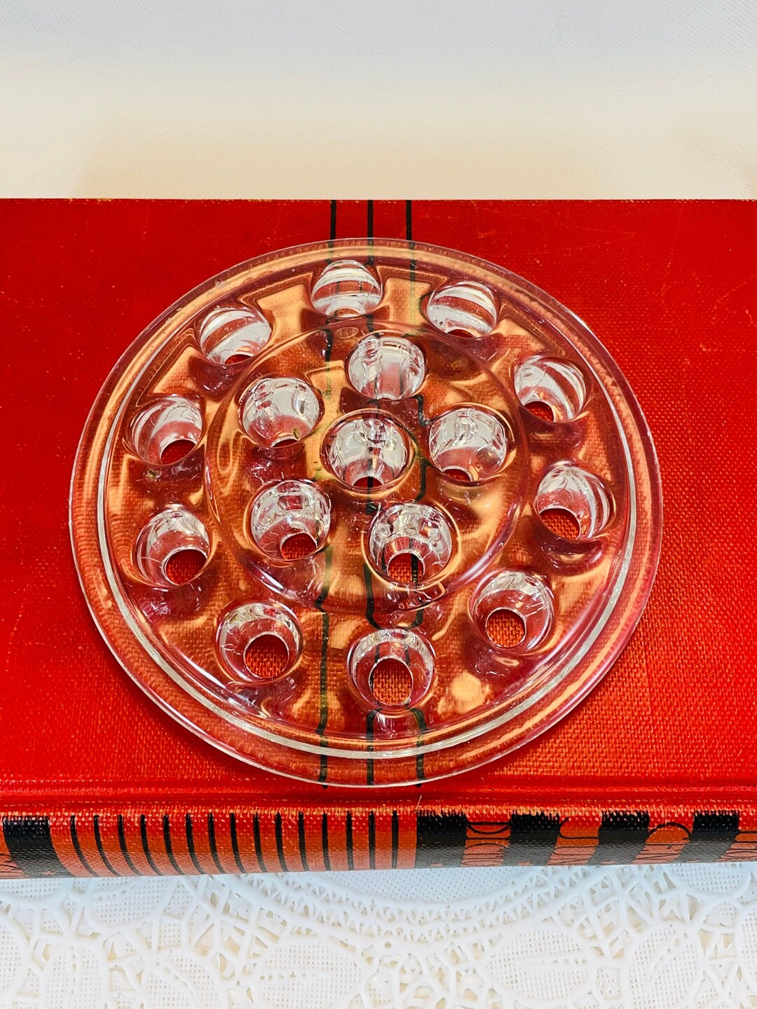 Vintage Clear Glass Flower Frog, Large Flower Frog, 16 Large Holes