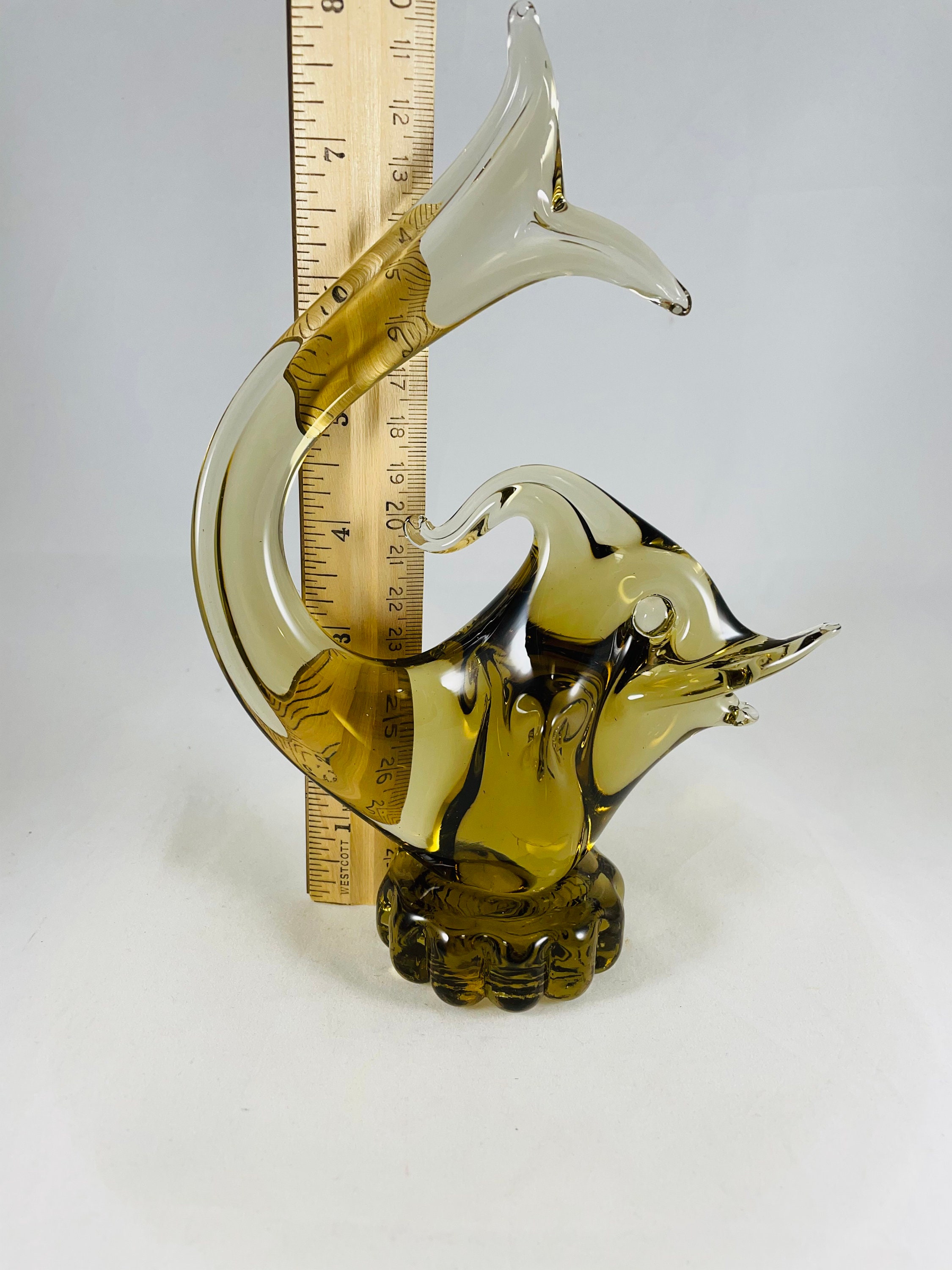 Vtg amber hand blown glass fish on pedestal Murano art Etsy