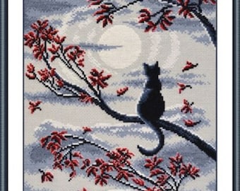 ルナキャットクロスステッチキット：黒猫の刺繍（9 1/5インチ x 11 3/5インチ）