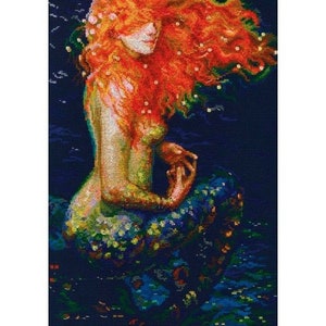 May include: A mermaid with long, flowing red hair sits in a dark blue ocean. Her tail is covered in colorful scales and she is holding a seashell in her hand.