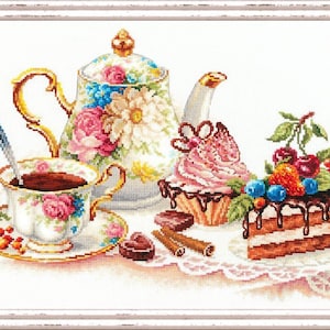 Cross Stitch Kit MAGIC NEEDLE - Cakes; Christmas gift; tea cup; sweets embroidery
