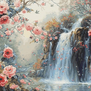 以下が含まれることがあります： クロスステッチの風景画。滝と水たまりが描かれ、ピンクのバラと緑豊かな植物に囲まれています。シーンは柔らかな光に包まれ、滝の近くには蝶が舞っています。この作品は、穏やかで自然な環境を表現しています。