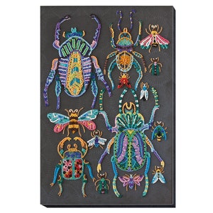 May include: A black canvas with a colorful beaded design of various insects, including beetles, butterflies, and bees. The insects are arranged in a symmetrical pattern and are all facing forward.