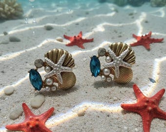 Vintage Gold Shell Silver Starfish Aqua stone stud Earrings. Vacation, beach jewerly