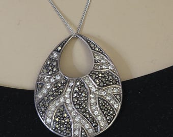 Vintage  Marcasite and Rhinestone Thailand 925 Sterling Silver Necklace Pendant.